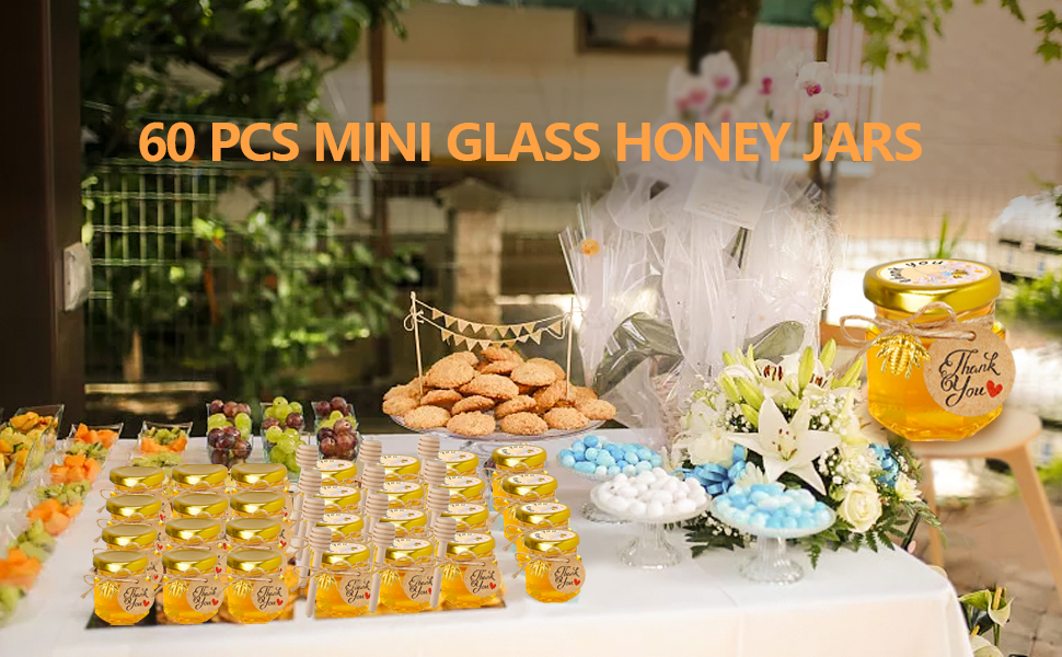 GIVAMEIHF 60 pack Mini Glass Honey jars1.5oz,Small Hexagonal Honey