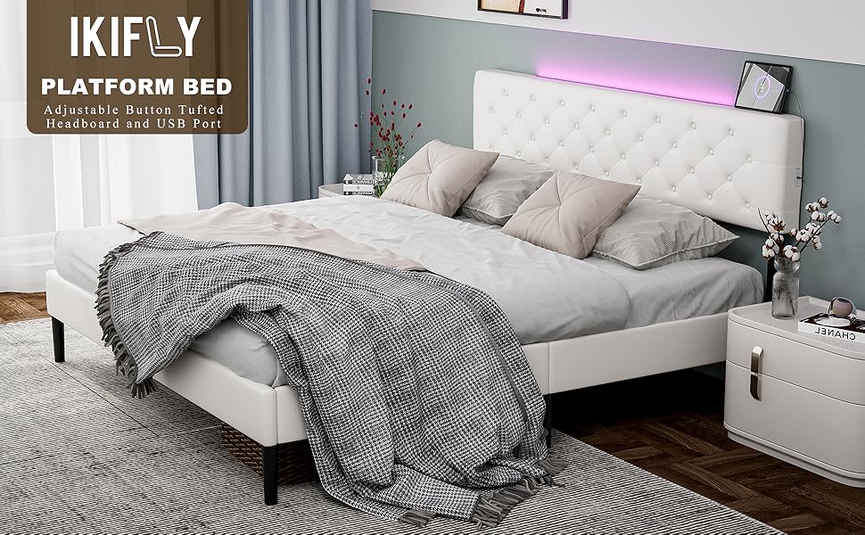 IKIFLY Modern Full Size LED Bed Frame with 2 USB Ports, Upholstered Button Tufted