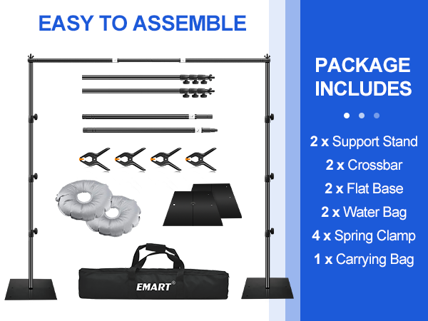 package includes 2 support stand 2 corssbar 2 flat base 2 waterbag 4 spring clamps 1 carrying bag