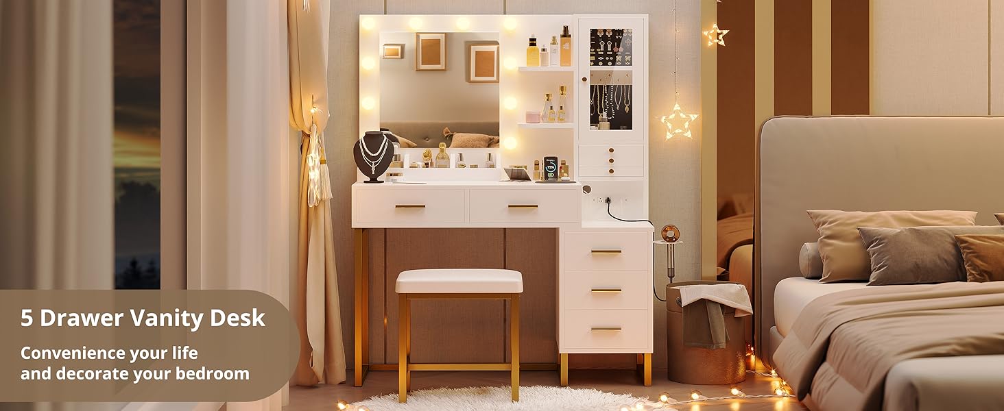 vanity desk with mirror and lights