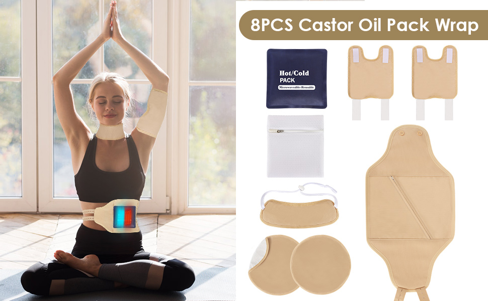 8PCS Castor Oil Packs Reusable Castor Oil Pack Wrap Kit, Organic Castor