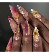 Almond Press on Nails Medium Fake Nails with Designs Cherry Stick on Nails Black French False Nai...