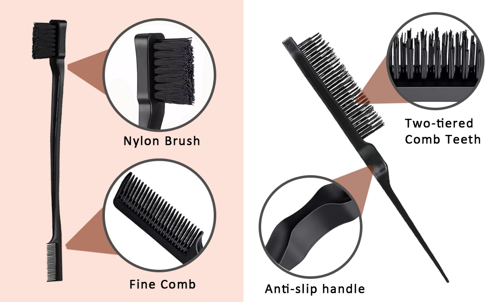 avec poils en nylon, peigne fin, dents de peigne à deux niveaux et manche antidérapant. Comprend des vues rapprochées de chaque composant
