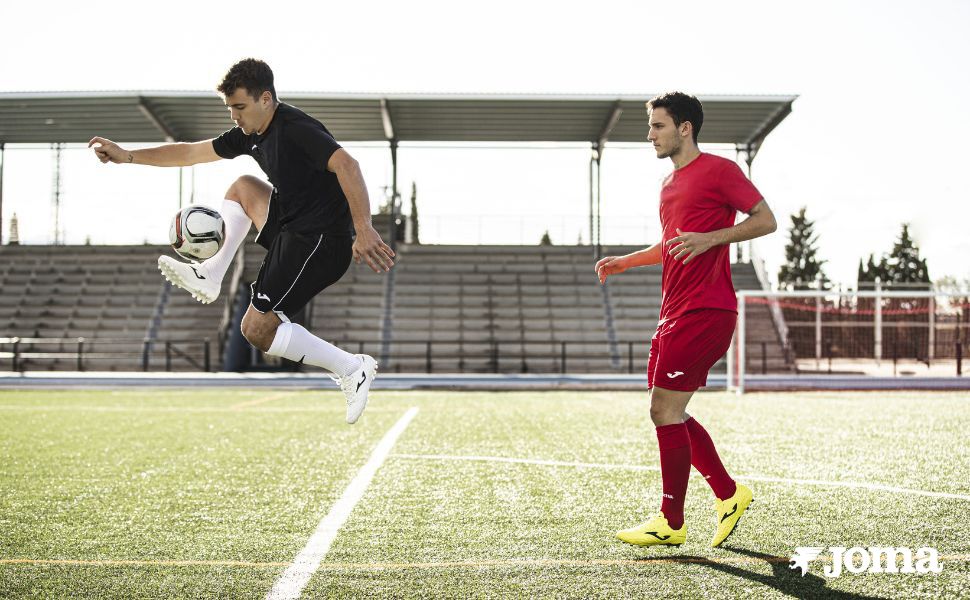 Sequence of athletic training photos showing dynamic jumping and agility exercises on a sports field with goal posts visible in background.