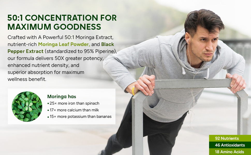 Premium Moringa Capsules with Black Pepper. Moringa Oleifera Powder