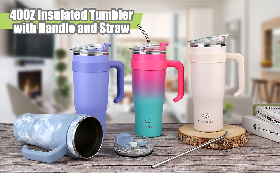 40oz Insulated Tumblers with Handle and Straw Tumbler Reusable Ice Coffee Cup with Lid Travel