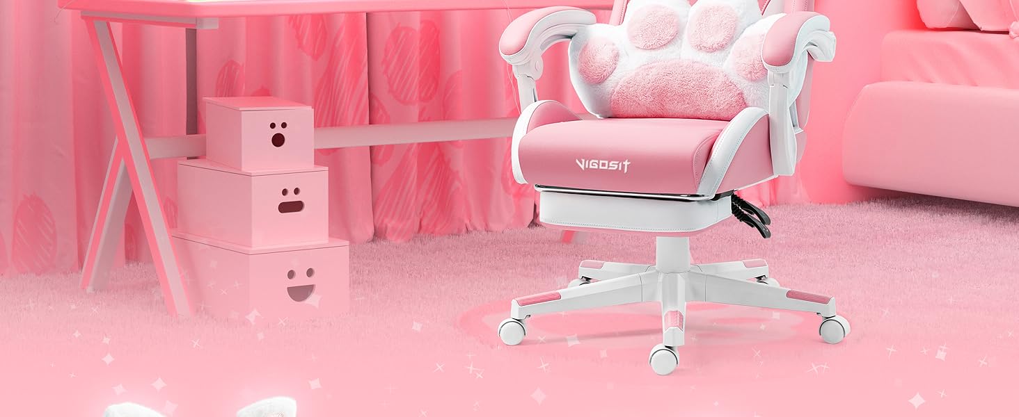 Vigosit Pink Gaming Chair with Cat Paw Lumbar Cushion and