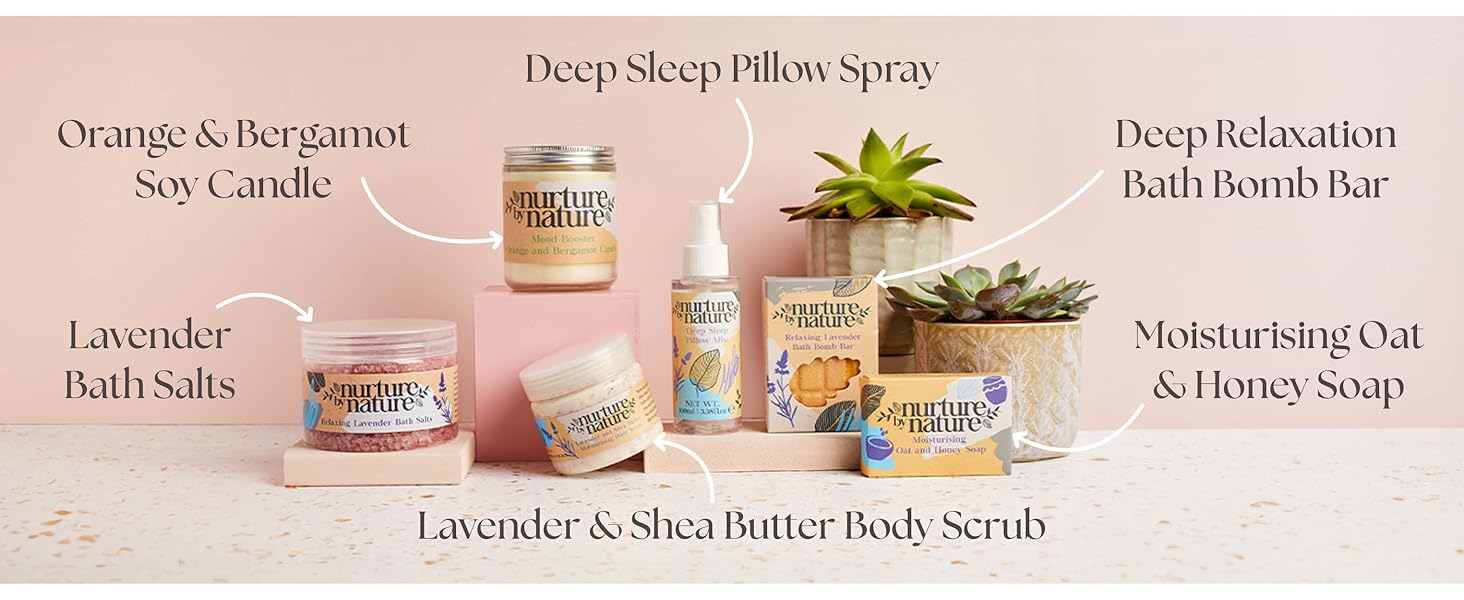 a collection of deep sleep pillow sprays and a variety of body scrubs