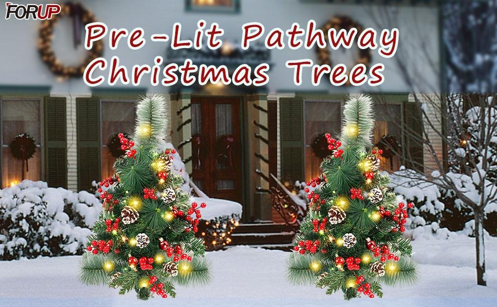 FORUP Set of 2 30 Inch PreLit Pathway Christmas Trees