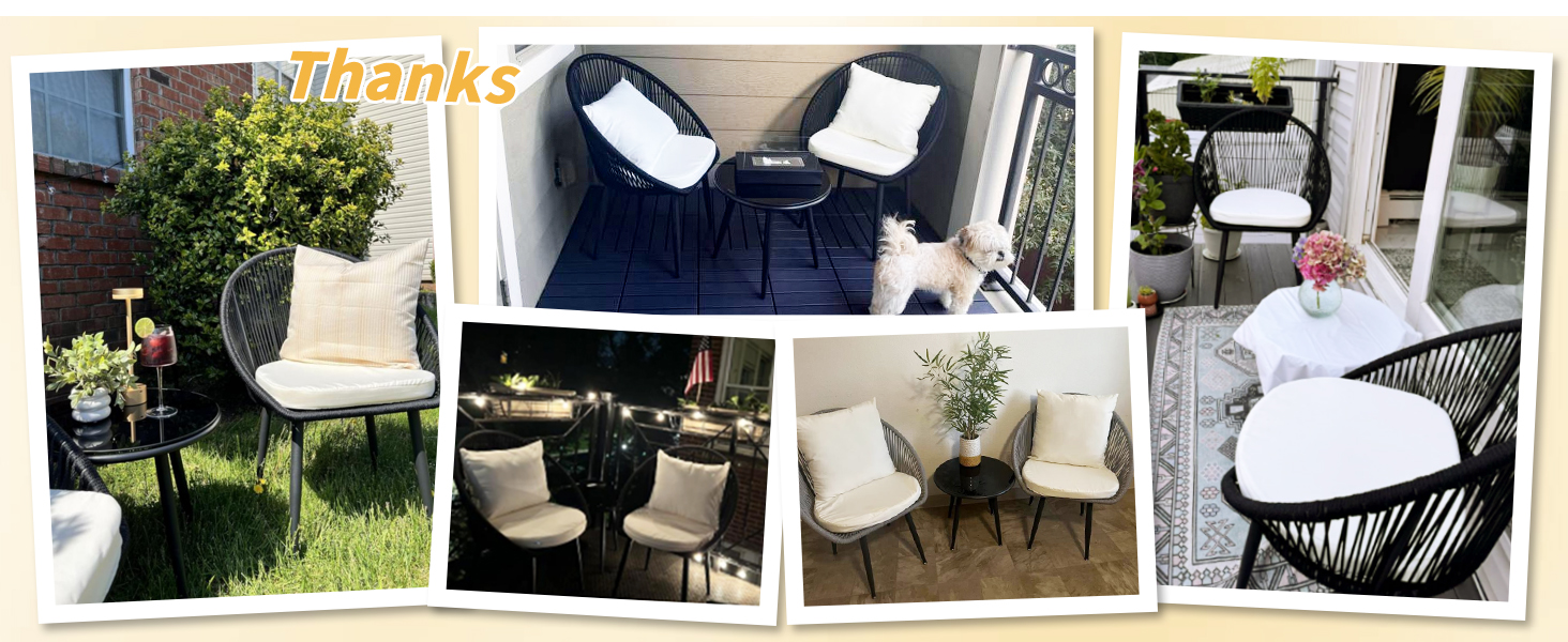 3 Pieces Bistro Set, Woven Rope Chair with Cushions, All Weather Conversation Set and Side Table