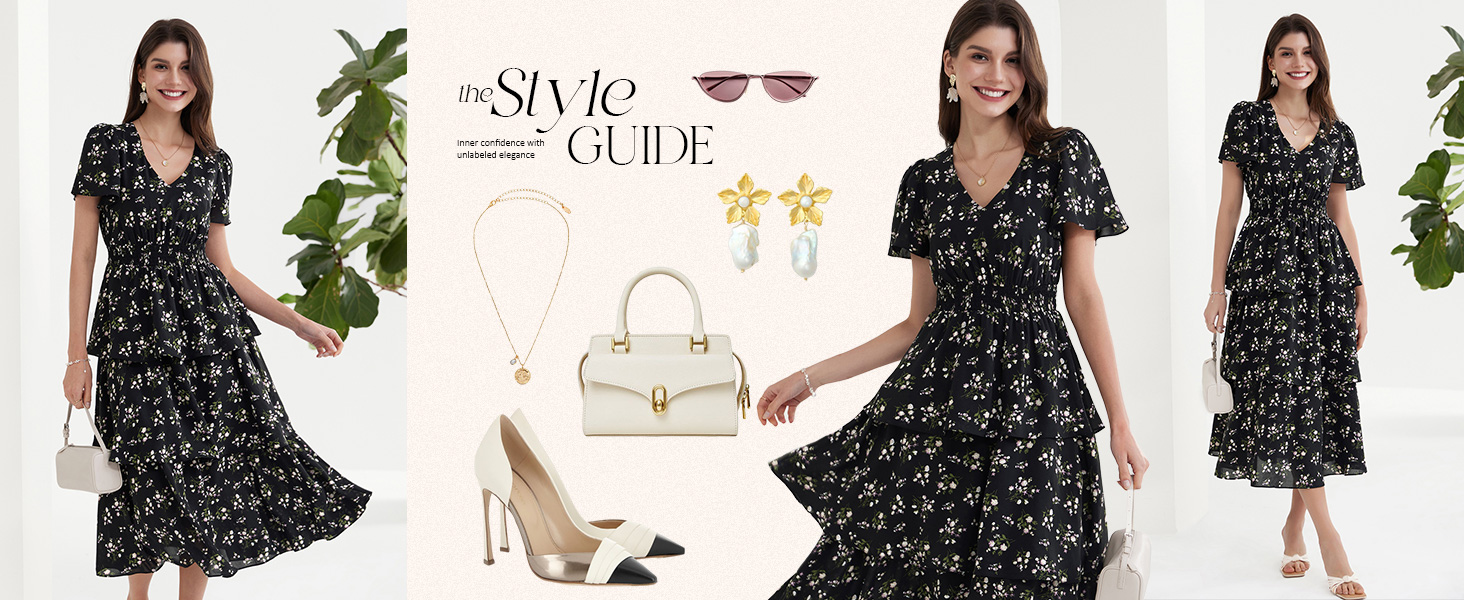 Floral Midi Dress V Neck Ruffle Flowy Dresses