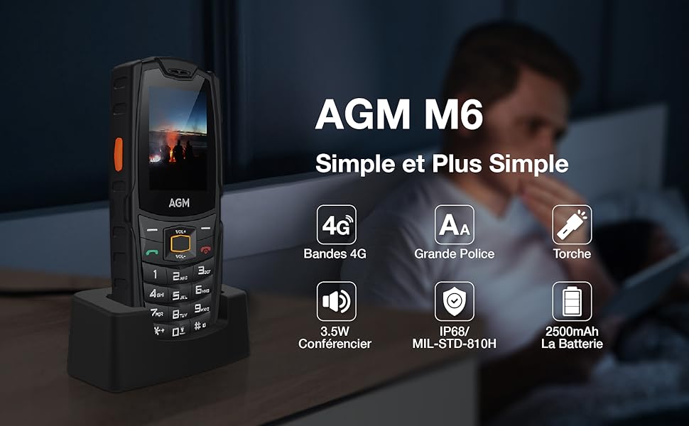 AGM M6 Telephone Portable Senior 4G avec Haut-Parleur 109 DB, Telephone ...