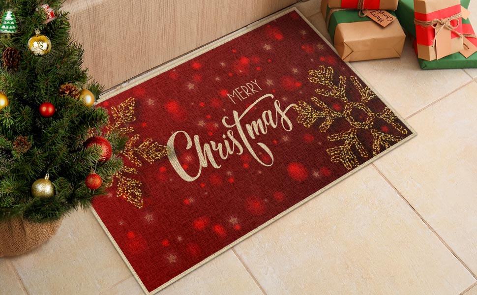 Christmas Door Mat Outdoor, Golden Snowflakes Vintage