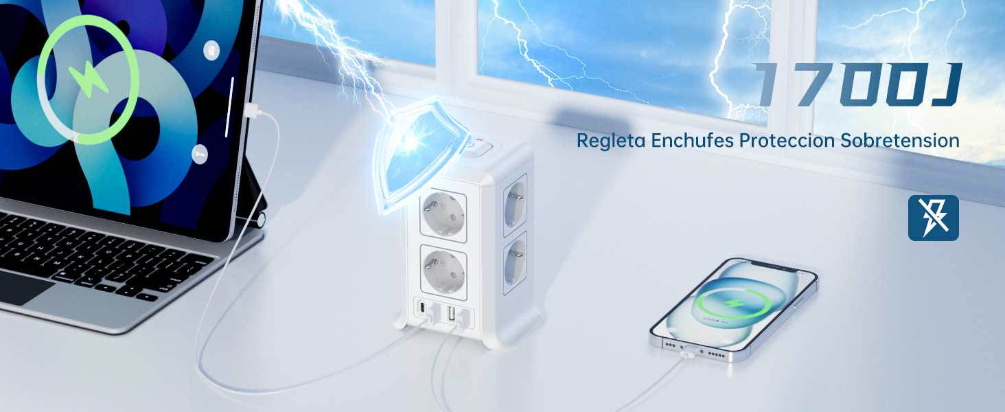 Dispositivos electrónicos, incluidos ordenadores portátiles, teléfonos inteligentes y enchufes con el texto «1700J» visible. Se han añadido efectos de luz azul a la imagen.