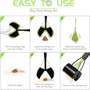 El texto dice «FÁCIL DE USAR» seguido de «Dog Poop Scoop Set». Diagramas de instrucciones que muestran los pasos para usar la herramienta de recolección de residuos con componentes verdes y negros.