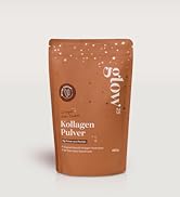 Brown resealable pouch containing Kollagen Pulver (collagen powder). Package features star pattern and displays '400g' weight. Product by 'glow25' brand.