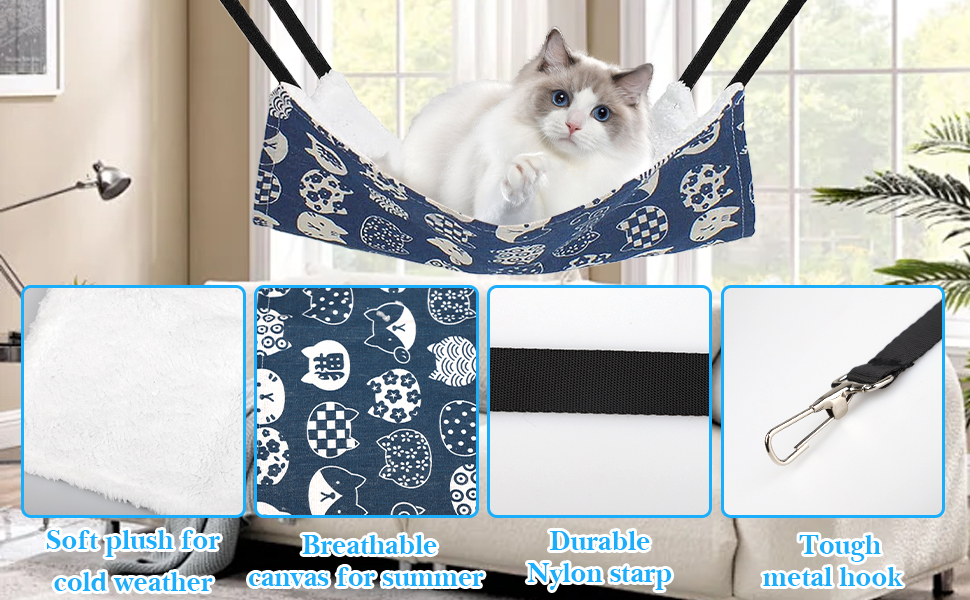 BLMHTWO 2PCS Cat Hammock Bed, Reversible Pet Cage Cat Hanging Bed Soft Plush Hanging Hammock for Kitten, Ferret, Rabbit, Chinchilla, Guinea Pig (Gray, Blue) 15 Cat Hammock Bed