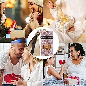 Collage of gift-giving scenes with people exchanging presents, featuring a central image of a purple bag with gold text.