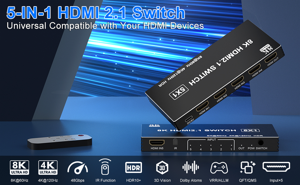 8K HDMI Switch 5 in 1 Out, 5 Port HDMI Splitter with IR Remote HDMI