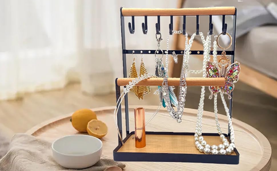 Black Metal Jewelry Stand Holder Earring Tray Necklace Hanging Rack