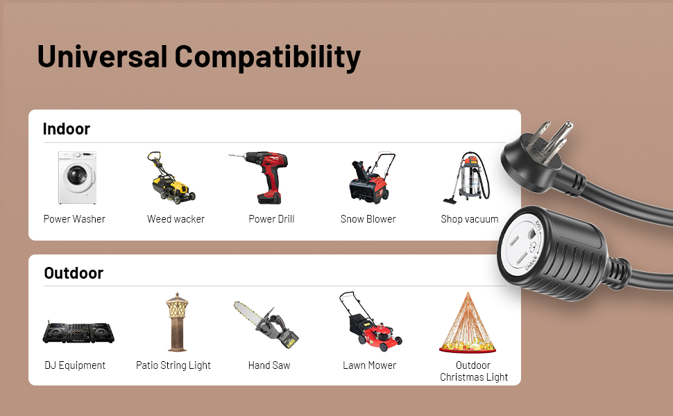 15 Ft Extension Cord, 35° Lockable Plug, Indoor & Outdoor