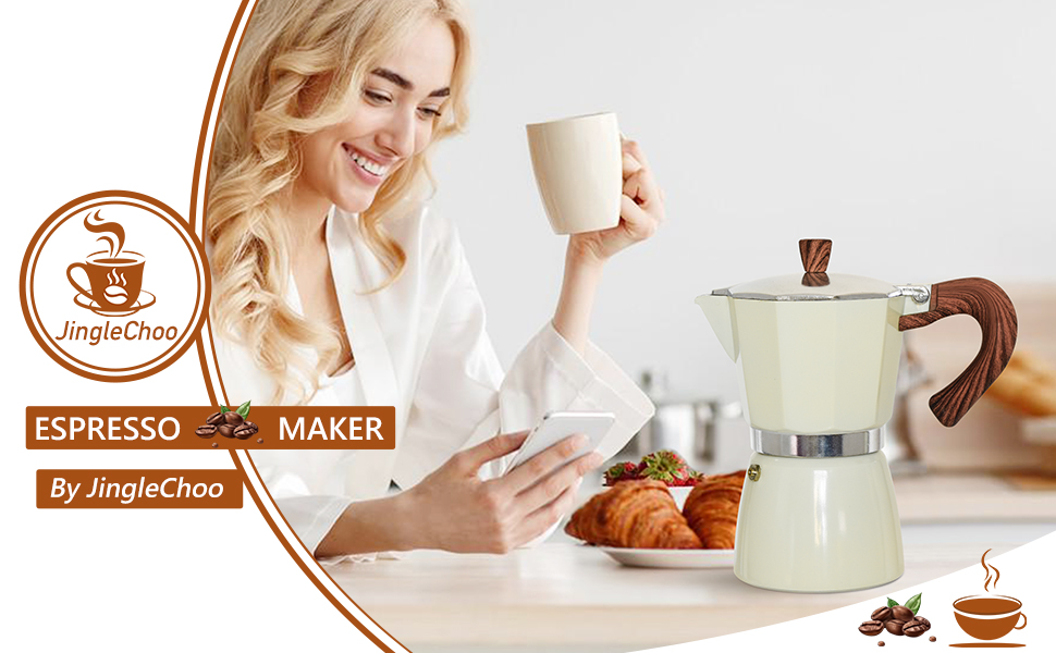JingleChoo Moka Pot 300ml-6 Cups Espresso Maker, Italian Stovetop Coffee Makers Percolator, Aluminum, Easy To Use & Clean, Camping Home Use | White | for Mocha Cappuccinos, Lattes 8 1