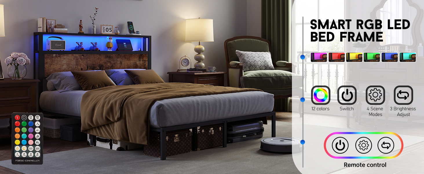 full size bed frame, full bed frame, Multi-Function RGB LED Light, Remote controls 12 RGB  colors