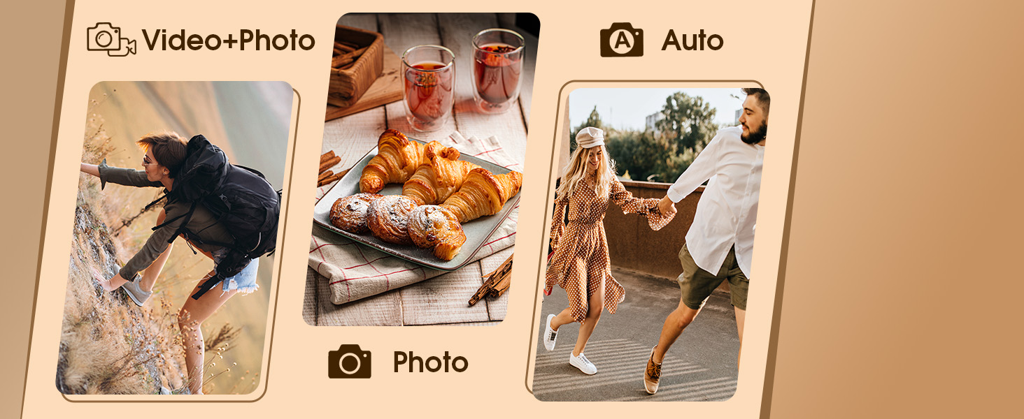 Der Text lautet „Video-Photo“, „Auto“, „Foto“. Drei Fotorahmen, die verschiedene Fotostile zeigen, darunter Action-, Food- und Lifestyle-Aufnahmen.