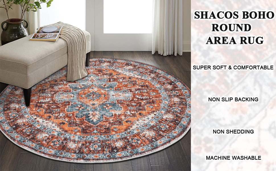 SHACOS Red Round Boho Rug 120cm Washable Non Slip Round Rug Soft Fluffy Distressed Round Area