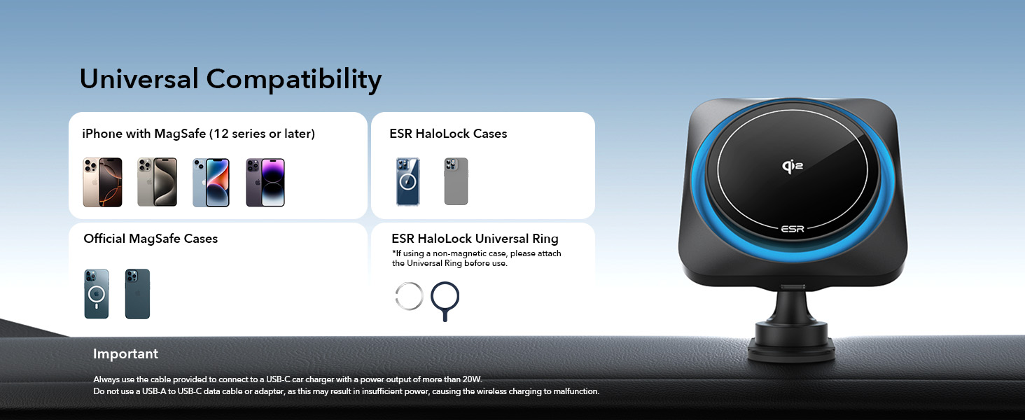Text reads 'Universal Compatibility'. Product compatibility diagram showing phone models and a blue circular device mount against gray background.