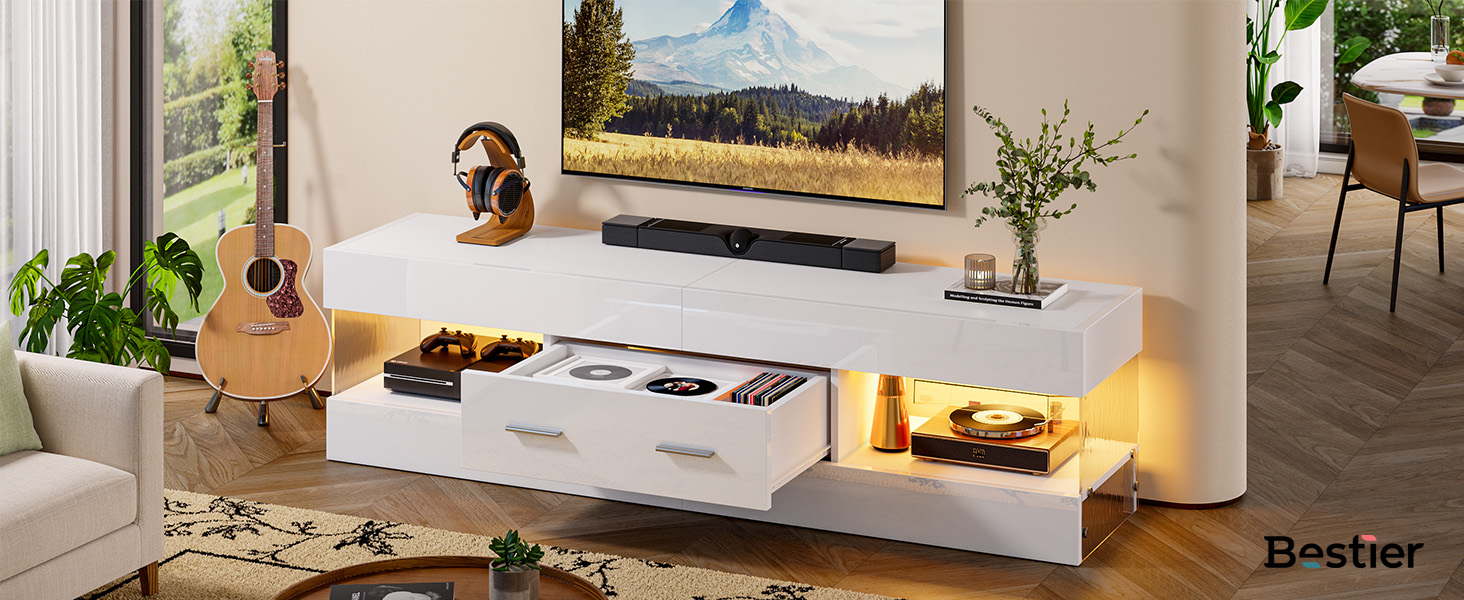 Bestier テレビ台 ‎幅152.4×奥行き35×高さ40cmテレビボード 32/40/43/50/55/65型対応のtv台 引き出し付きテレビラック 収納棚付きローボード おしゃれ 鏡面仕様