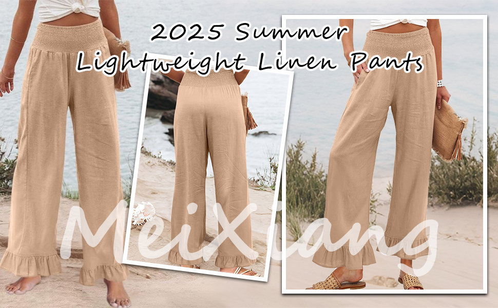 Ruffle Pants Women Elastic High Waisted Linen Pants with