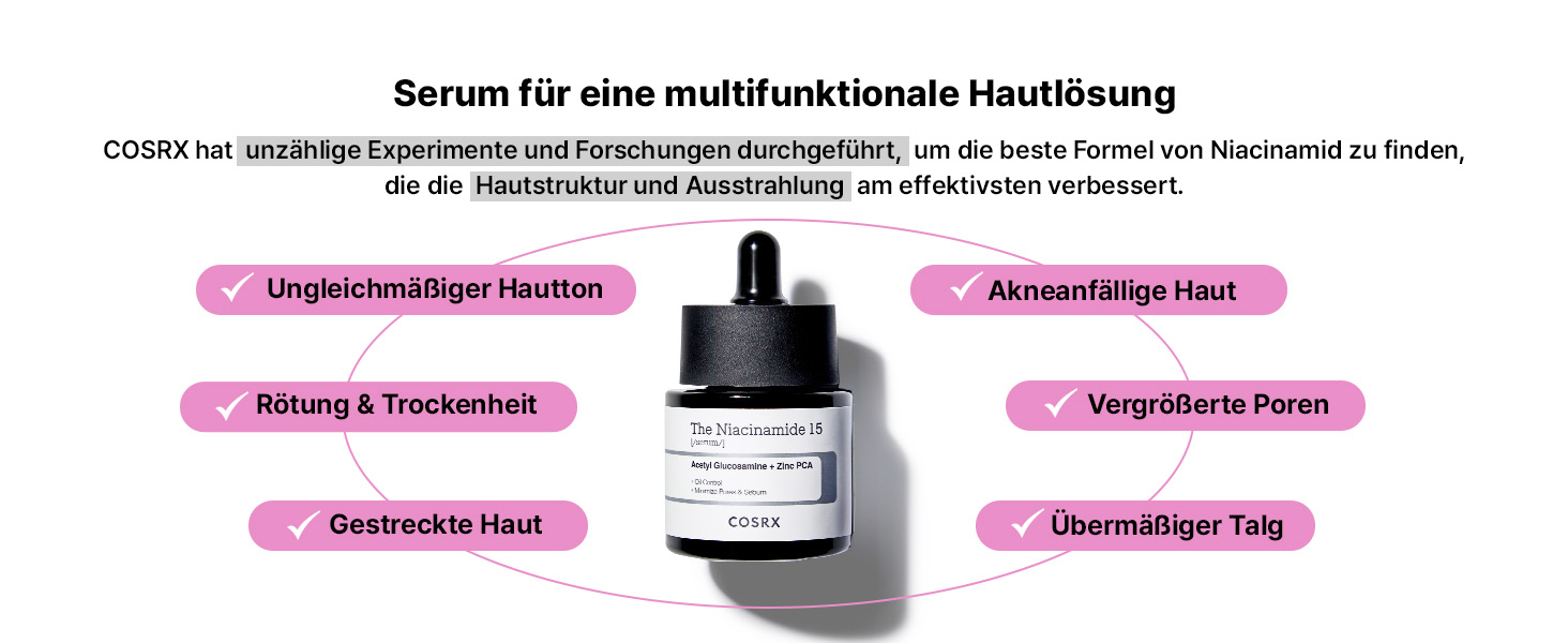 Serumflasche mit Tropfverschluss, umgeben von pinkfarbenen, beschrifteten Blasen, die auf mehrere Hautvorteile und Behandlungsbereiche hinweisen