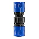 Blue and black plastic connector or coupling device with ribbed center section and smooth blue end caps.
