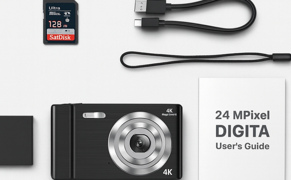 KELY PURE 4K Digital Camera and accessories arranged on a white background, including the digital
