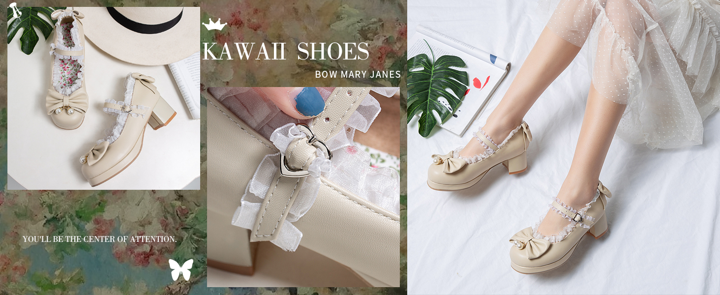 Women Kawaii Shoes Mid Block Heel Mary Jane Rockabilly Pumps with Bow