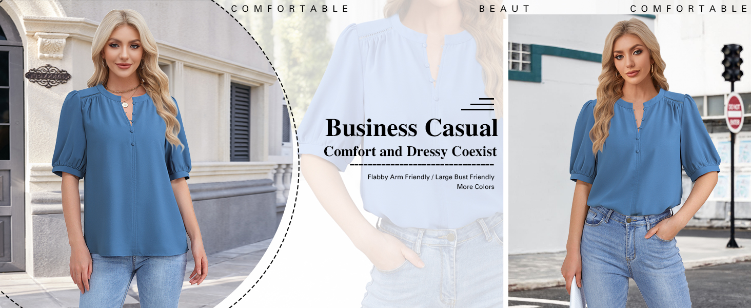 Women's business casual blouses puff short sleeve tops wrinkle free travel clothes flattering outfit