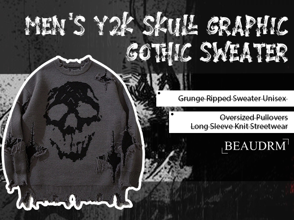 BEAUDRM Men's Skull Graphic Gothic Sweater Y2K Grunge Ripped