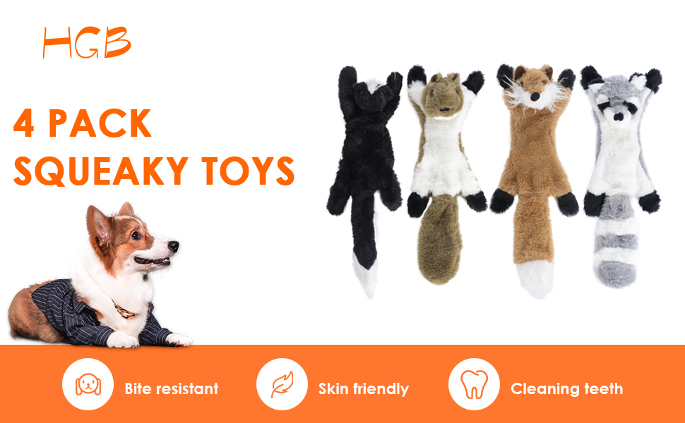 HGB Squeaky Dog Toys, No Stuffing Plush Dog Chew Toys for