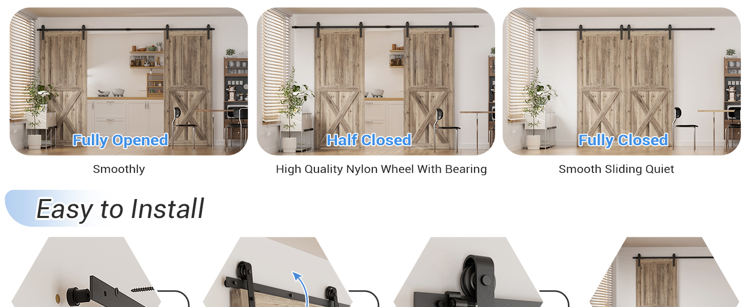 Der Text lautet „Einfach zu installieren“. Die Installationsanleitung zeigt Schritt für Schritt, wie das Scheunentor mit Beschlägen und Werkzeugen auf mehreren Paneelen montiert wird.