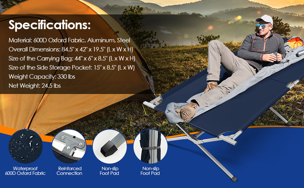 Goplus Camping Cot, 42" Extra Wide Folding Camping Cot w/Storage Pocke