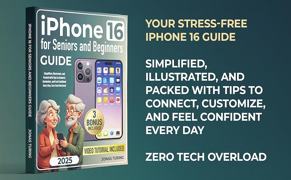 Book Mockup with text: YOUR STRESS-FREE IPHONE 16 GUIDE