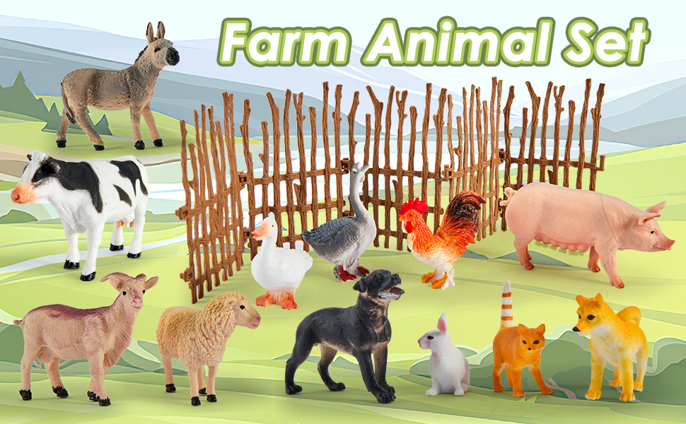 BUYGER Kids Farm Animals Toys Playset, Large and Mini Size Toy Animals