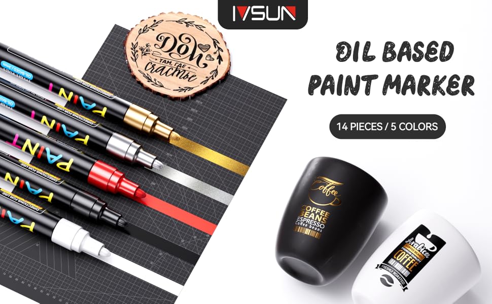 Paint Pens Paint Markers, 14 Pack Permanent Oil Based Markers, Medium Tip, 5 Colors