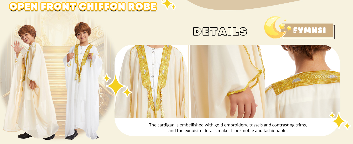 Boys Robe Islamic Muslim Clothes Kimono Loose Abaya Embroidered Chiffon Kaftan Cardigan Dubai Thobe