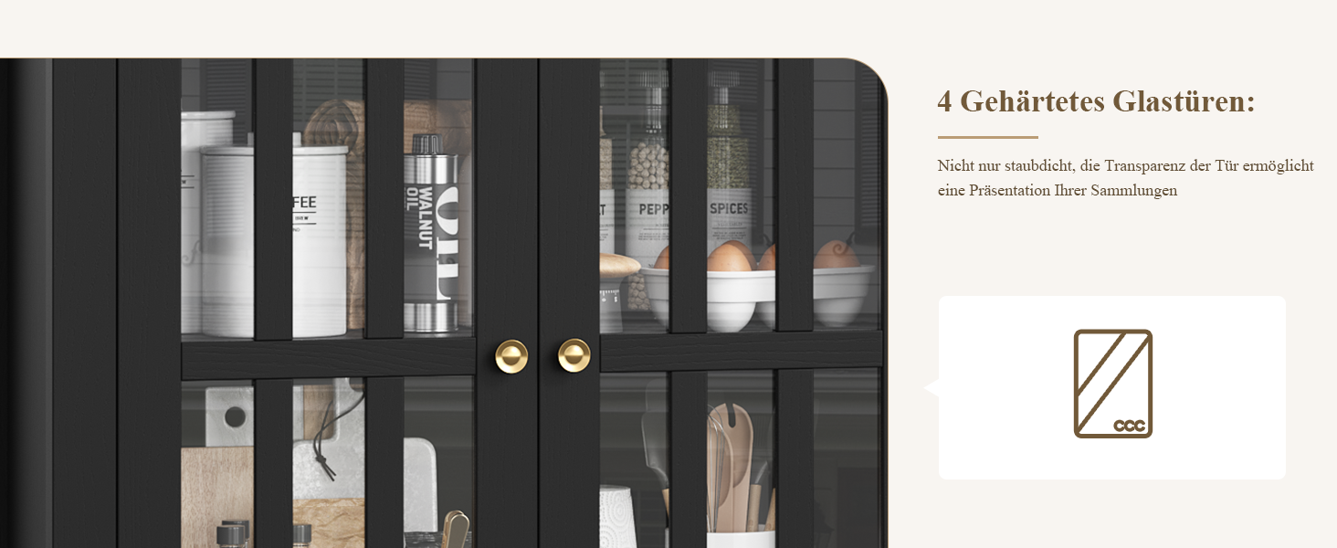 Schwarz gerahmte Glasschranktüren mit goldenen Griffen, die organisierte Innenregale zur Geltung bringen. Teilansicht des Produktinformationstextes
