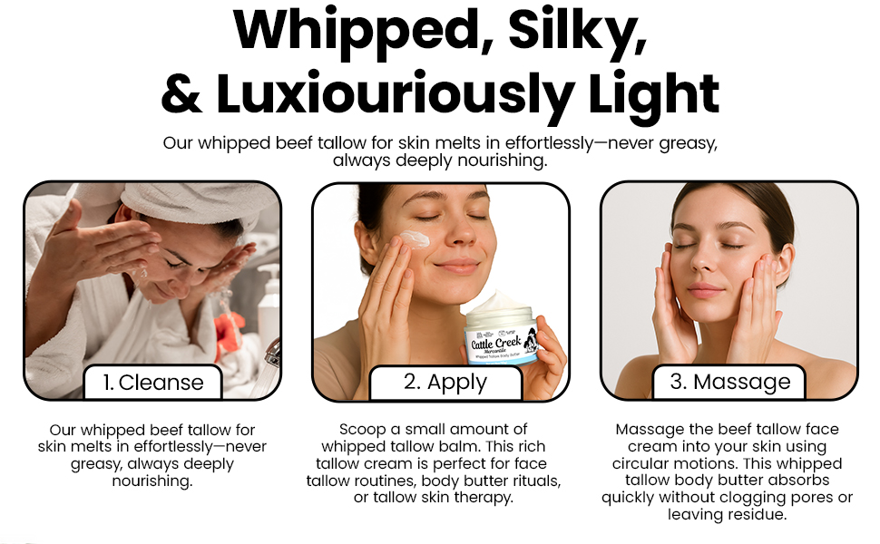 Whipped, Sily and luxiouriously light which caused the whipped beef tallow to melt on skin
