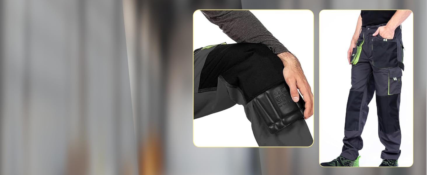 Imagen dividida que muestra pantalones tácticos con detalles insertados en la rodillera y una vista completa de los pantalones utilitarios de color oscuro.