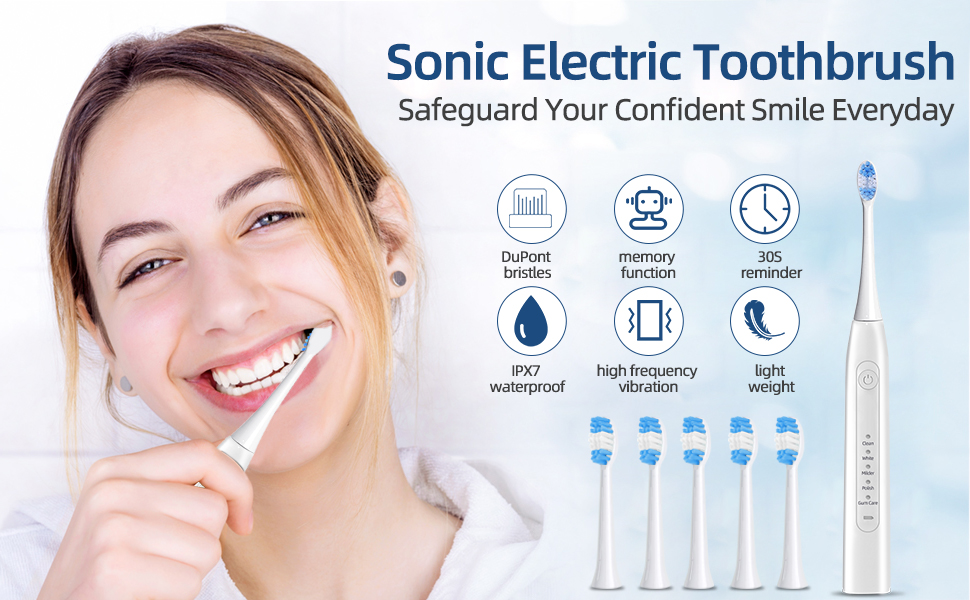 Electric Toothbrushes for Adults with 6 Duponts Brushheads, 5 Modes
