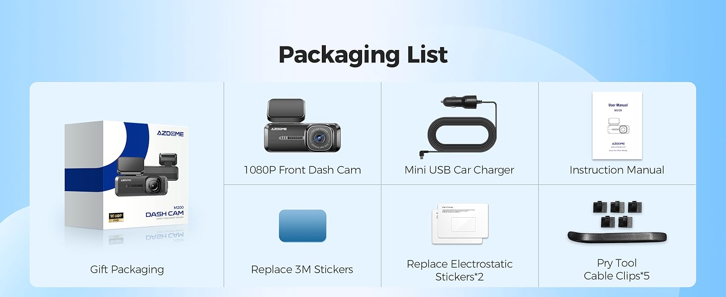 AZDOME M200 car camera packaging list